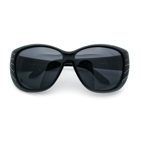 Polarized Womens Oversized Butterfly Rhinestone Studded Fit Over Sunglasses [All Black]