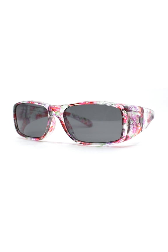 Polarized Womens Rhinestone 62mm Rectangle Fit Over Sunglasses Over Glasses Flower - Black