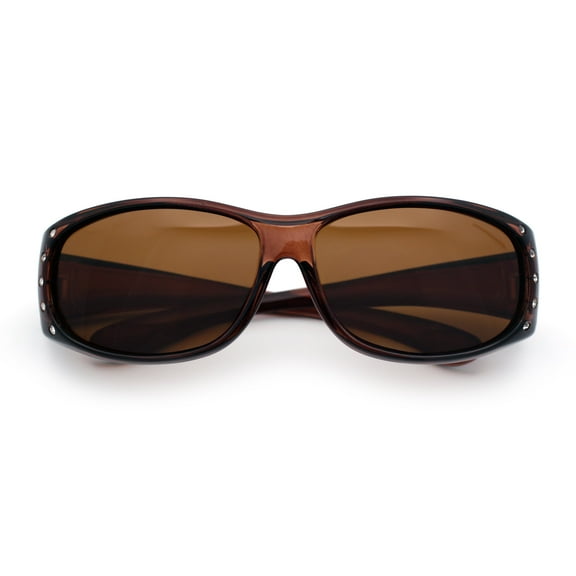 Polarized Womens Small Snug Rhinestone Studded OTG Fit Over Sunglasses (All Brown)