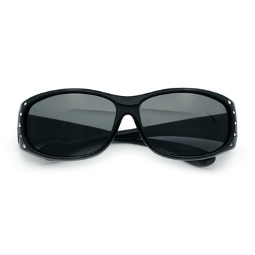 Polarized Womens Small Snug Rhinestone Studded OTG Fit Over Sunglasses (All Black)