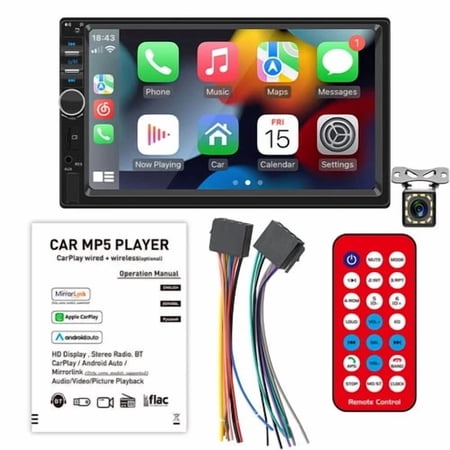 Polarlander 7" Double Din Car Stereo with Bluetooth, Mirror Link, and Rear View Camera, Black