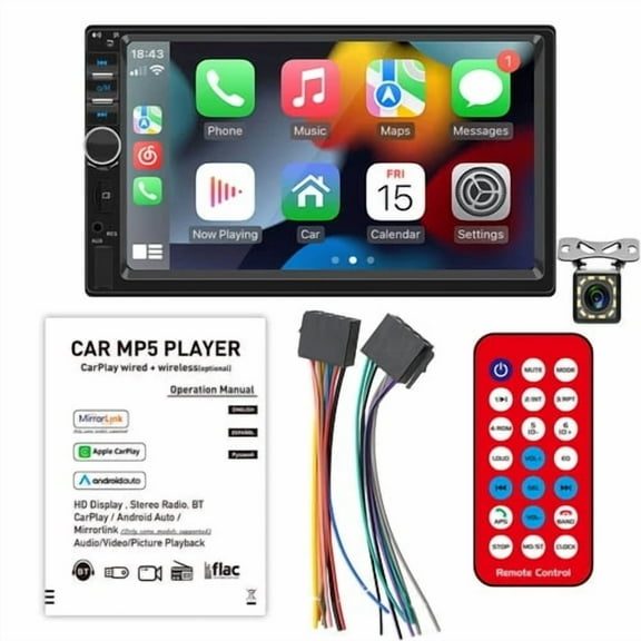 Polarlander 7" Double Din Car Stereo with Bluetooth, Mirror Link, and Rear View Camera, Black