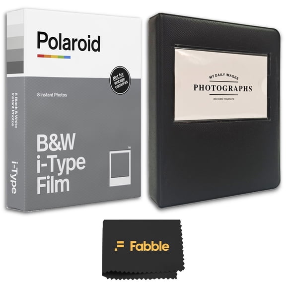Polaroid Black & White Film (8 Exposures) Bundle with Ideal Leather Album for Wide Prints - Holds 32 Pictures - Black with a Grey Premium Microfiber Cleaning Cloth