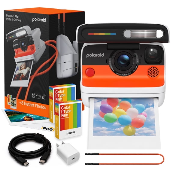 Polaroid Flip Instant Camera White | 4-Lens Autofocus, Sonar AF, LED Display, Bluetooth App Control | Bundle with 16 Color i-Type Film Exposures, Camera Bag, USB-C Adapter & Cable, Cleaning Cloth