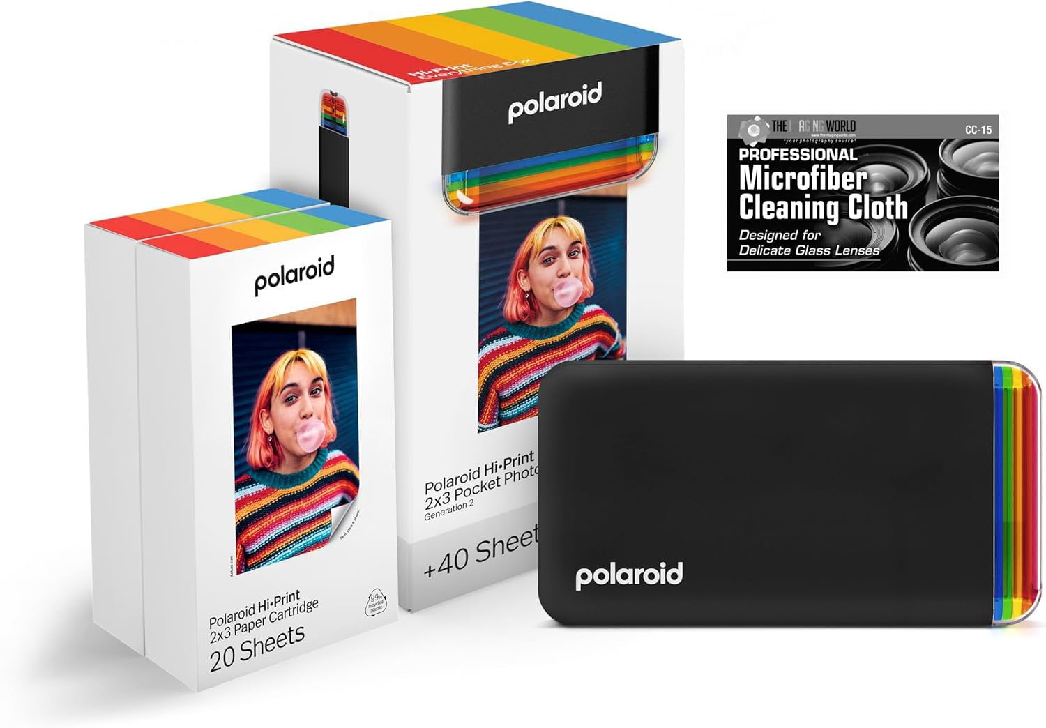 Polaroid Hi-Print - Bluetooth Connected 2x3 Pocket Phone Photo Printer Black with 2 Polaroid HiPrint 2x3 Paper Cartridges 40 Sheets + Microfiber Cloth