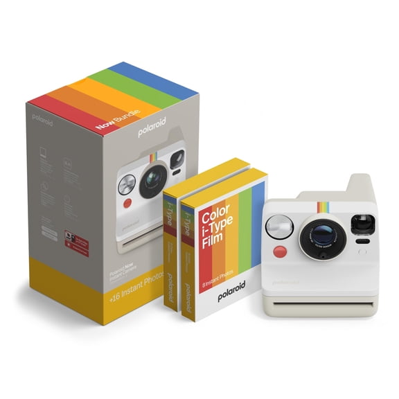 Polaroid Now 3rd Generation I-Type Instant Camera + Film Bundle - Now Pebble White Camera + 16 Color Photos 6561