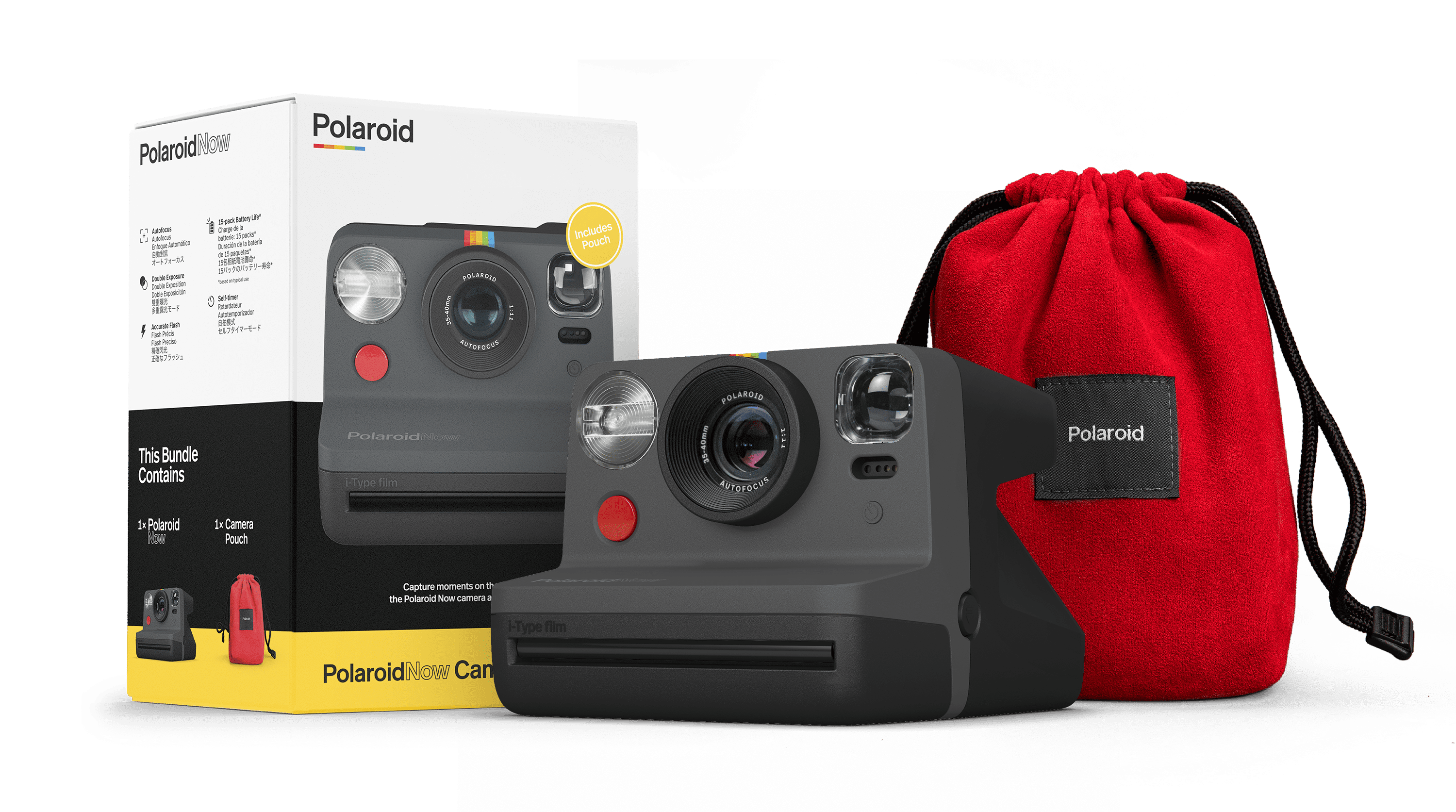 Polaroid Now Bundle with Black Camera and Red Travel Pouch