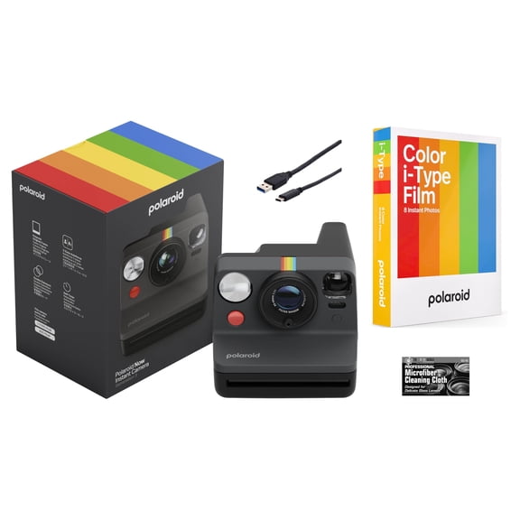 Polaroid Now Generation 3 i-Type Instant Camera Black with 8 i-Type Color Film Starter Bundle + Charging Cable and Cleaning Cloth