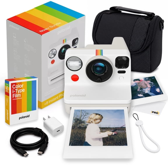 Polaroid Now Generation 3 i-Type Instant Camera Pebble White | Two-Lens Autofocus, Double Exposure, f/11-f/64 Apertures, USB-C | 8 Film Bundle + Camera Bag