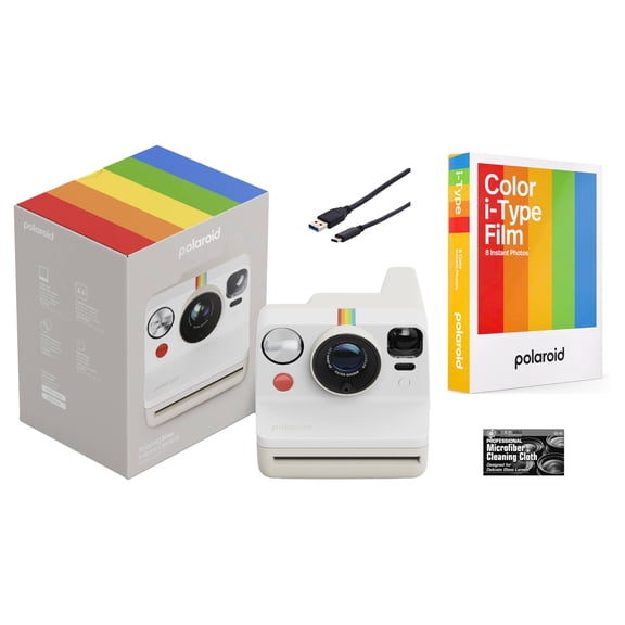 Polaroid Now Generation 3 i-Type Instant Camera Pebble White with 8 i-Type Color Film Starter Bundle + Charging Cable and Cleaning Cloth
