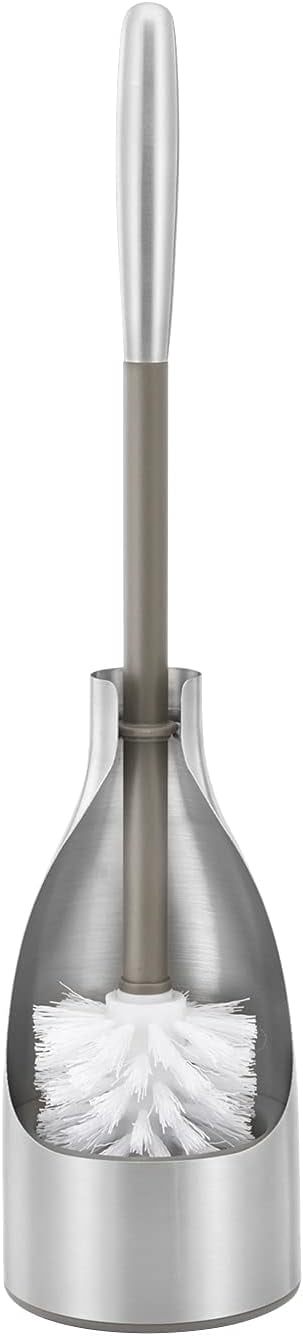 Polder Sleek Stainless Steel Toilet Brush with Caddy, Slim and Discreet Design, Open-Back Design for Odor Control, Rust-Resistant Stainless Steel