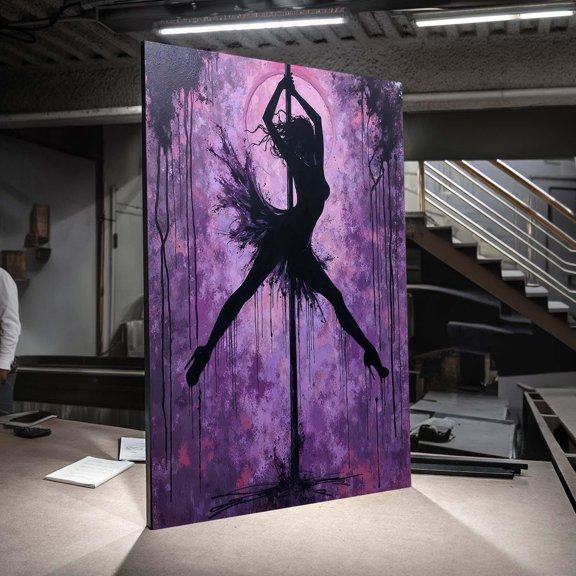 Pole Dance Art, Purple Silhouette Dancer Ballet Artwork In Deep Violet Tones, Splash Motion And Textural Energy, Modern Statement Piece Poster , Poster Print Only