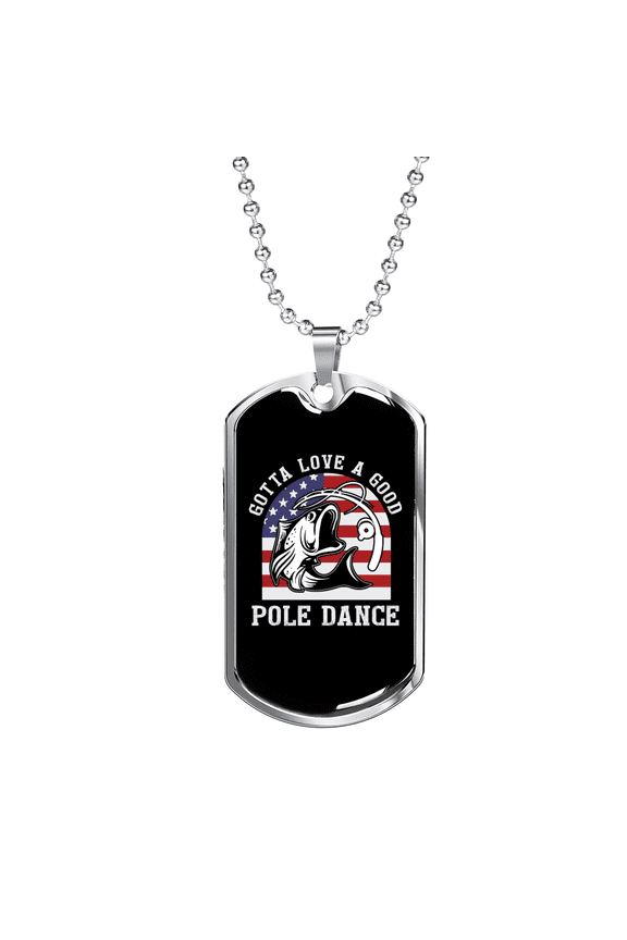 Pole Dance Fishing Dog Tag Necklace Stainless Steel 24" Chain Silver Tone or Gold Tone