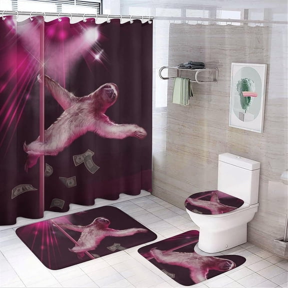 Pole Dancing Sloth 4Pcs Shower Curtain Set Washable Bathroom Sets with Toilet Lid Cover and Non-Slip Rug Bath Accessories Decor, fdhgfh546