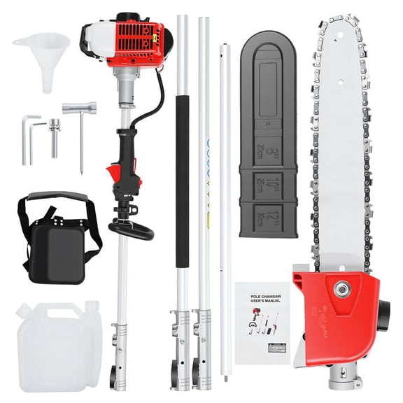 Pole Saw 26cc 2-Stroke, Gas Powered with 3 Section Rod, 0.65kW 7500RPM, 0.7L Fuel Capacity, for High Reach Trimming, 142 x 8 x 10 Inch