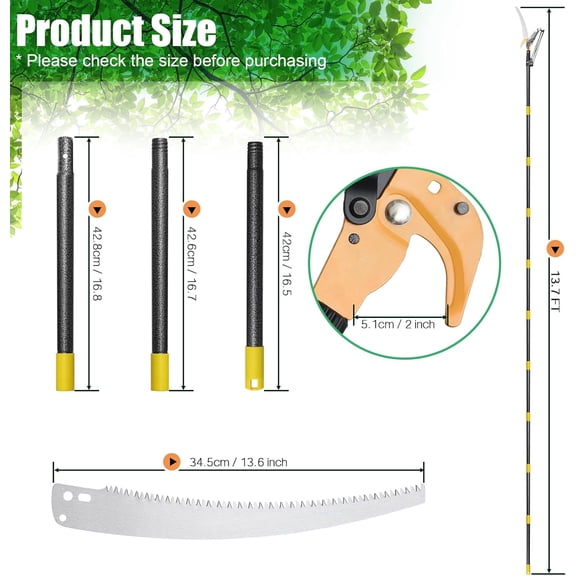 Pole Saws for Tree Trimming, 13.7 FT Manual Tree Trimmer Long Handle Pruner, Extendable Pole Pruners for Tree Trimming, Steel Blade and Scissors for High Branches Trimming