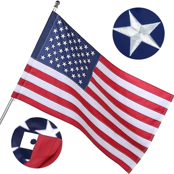 2 x 3 ft Pole Sleeve American Flag, Embroidered Stars, Sewn Stripes, 210 D Polyester , Quadruple Stitched Fly End