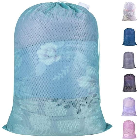 CozyNestFinds Heavy Duty Diamond Large Mesh Laundry Bag with ID Tag and Locking Drawstring Closure - 24 x 36 inches - Laundry Hamper Liner, Washable Laundry Bags for Travel, Sports, Dorms (Aqua)