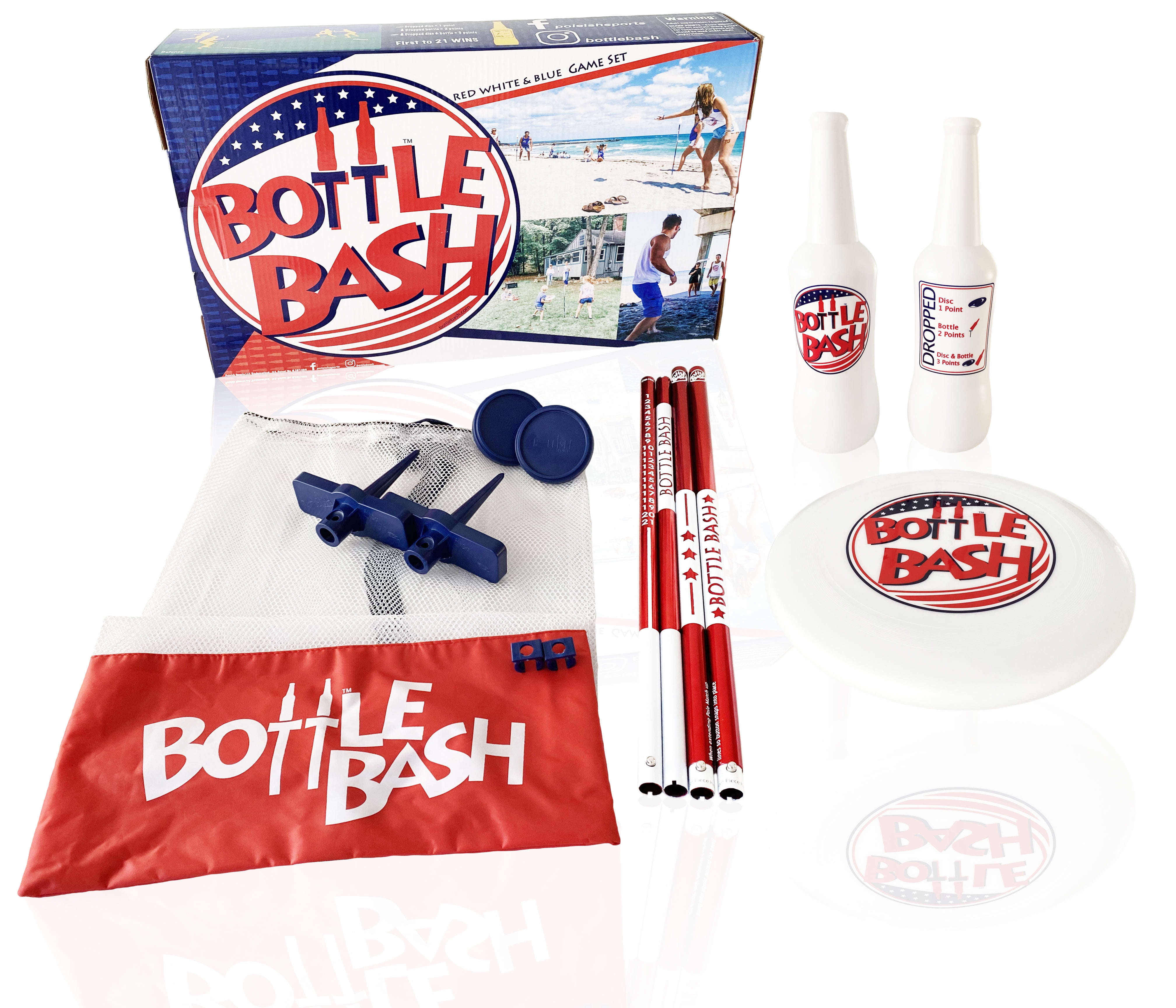 Poleish Sports Bottle Bash Red White and Blue Game Set