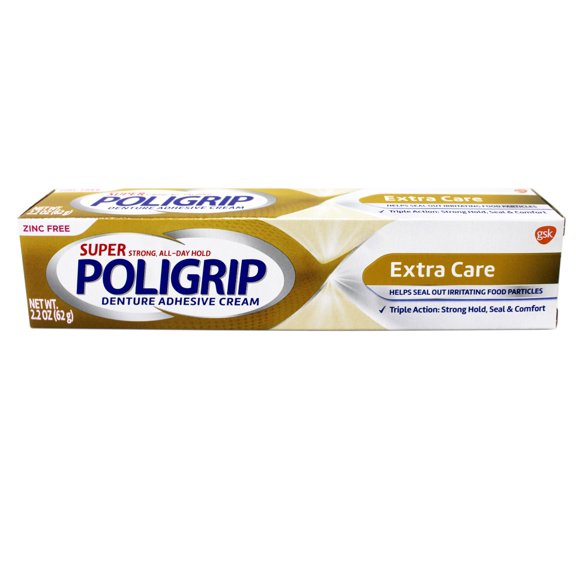 PoliGrip Super, Denture Adhesive Cream, Extra Care - 2.2 oz (Pack of 16)