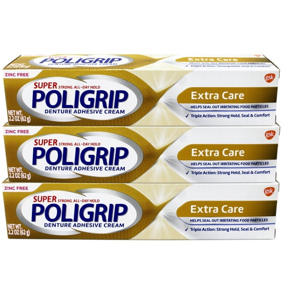 PoliGrip Super, Denture Adhesive Cream, Extra Care - 2.2 oz (Pack of 3)