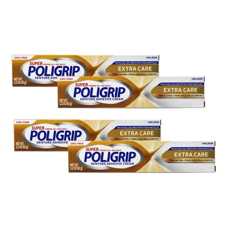PoliGrip Super, Denture Adhesive Cream, Extra Care - 2.2 oz (Pack of 4)