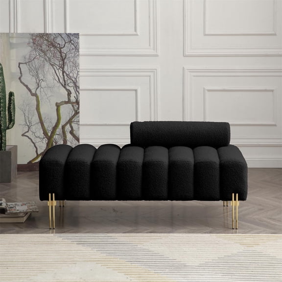 Polibi 53.2" Sherpa Upholstered for End of Bed, 2-Seat Sofa with Adjustable Backrest and Gold Metal Legs for Bedroom, Living Room, Window Seating, Black