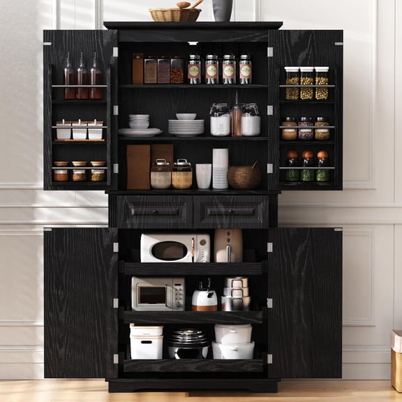 Polibi 71.2" Tall Kitchen Pantry Hutch with 3 Pull Out Cabinet Organizers,Farmhouse Embossed Texture Storage Cabinet with 6 Door Shelves,2 Drawers,Freestanding Cupboard for Kitchen, Dining Room,Black