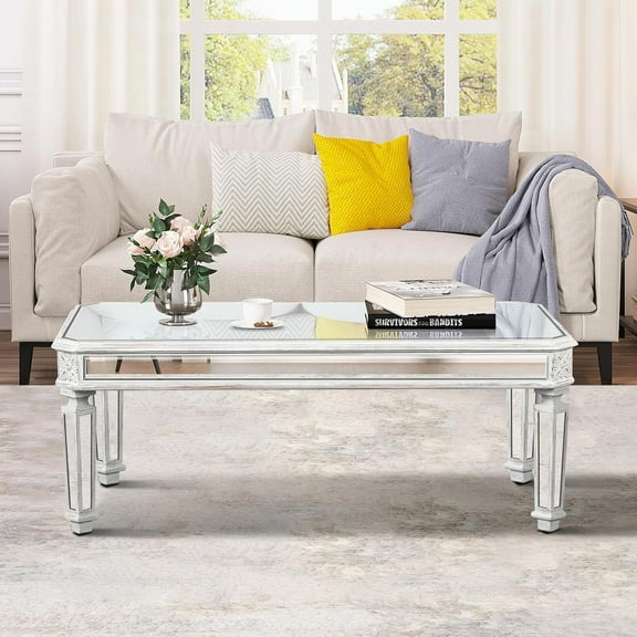 Polibi Silver Mirror Coffee Table - Vintage Carved Rectangle Glass Top Center Table with Mirrored Finish for Living Room & Office (Silver+Oak)