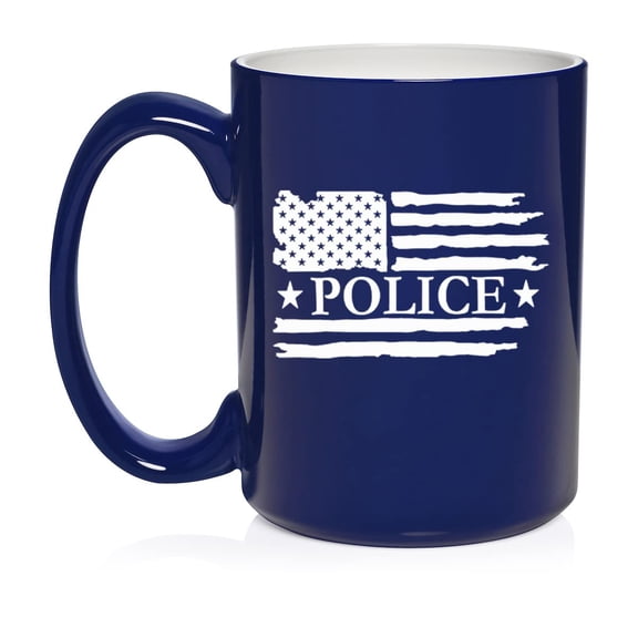 Police American Flag Ceramic Coffee Mug Tea Cup Gift for Her, Him, Friend, Coworker, Wife, Husband (15oz Blue)