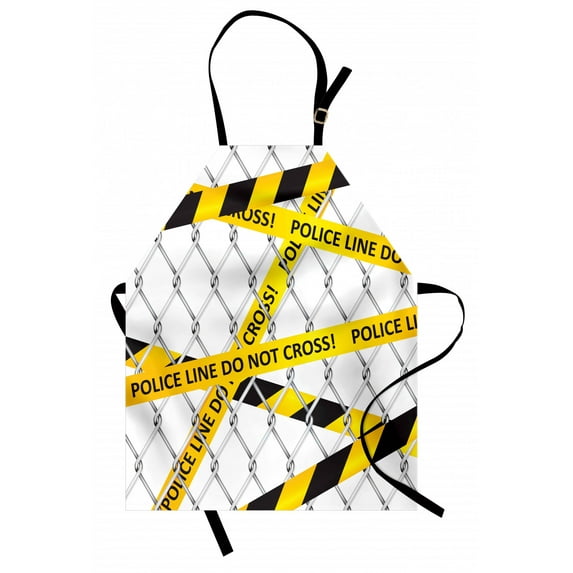 Police Apron Police Line Do Not Pass Crime Scene Investigation Bands on a Wire Cloth Prinit, Unisex Kitchen Bib Apron with Adjustable Neck for Cooking Baking Gardening, Yellow and Black, by Ambesonne