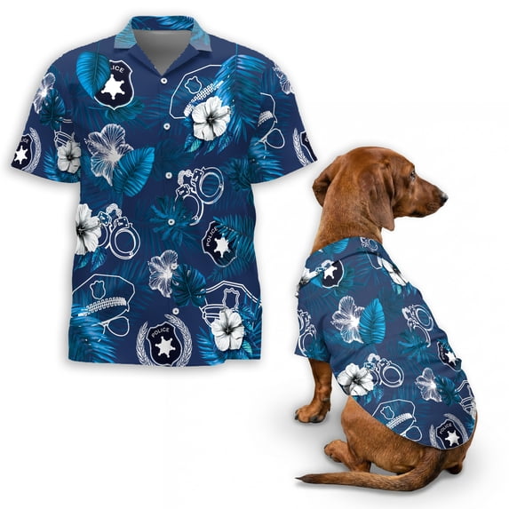 Police Back the Blue Tropical Hawaiian Shirt, Law Enforcement Theme Button Down Shirt for Adults or Dogs, Cuban Collar, Short Sleeve Polyester Summer Shirt