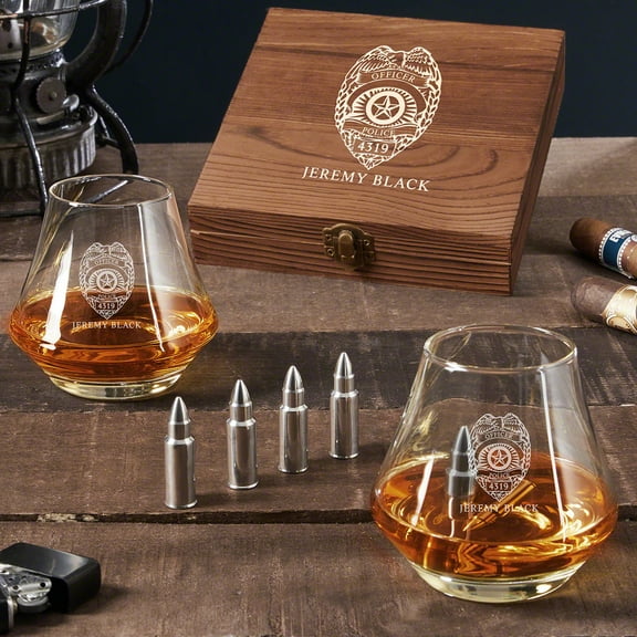 Police Badge Custom DiMera Glasses and Bullet Whiskey Stone Set