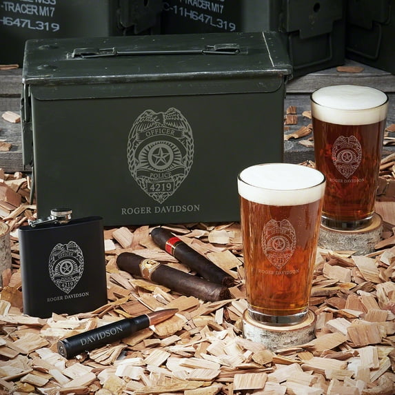 Police Badge Engraved 50 Caliber Ammo Box and Pint Glasses Gift Set