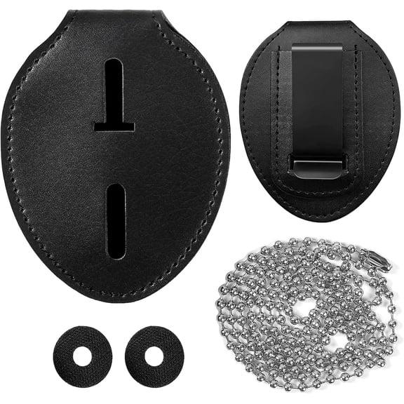 Police Badge Holder, Made of Cowhide, Belt Clip, Universal Law Enforcement Badge Holder, Included for Metal Clip and Chain (Black)