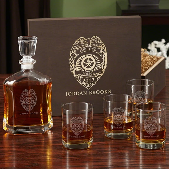 Police Badge Personalized Whiskey Decanter and Glass Set with Wood Box