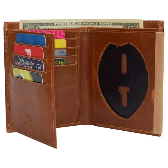 Police Badge Wallet Bifold RFID Full Grain Genuine Leather, Fits Any Shape Badge with a Pin Back
