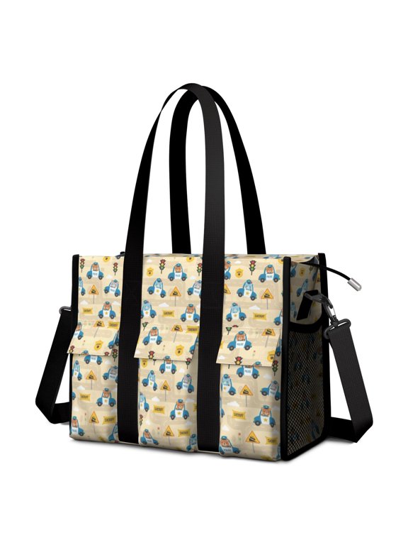 Police and Bear Beige Pattern Utility Tote Bag, Work Tote with Multi Pockets & Removable Strap, Large Capacity Gifts for Birthday Christmas Thanksgiving