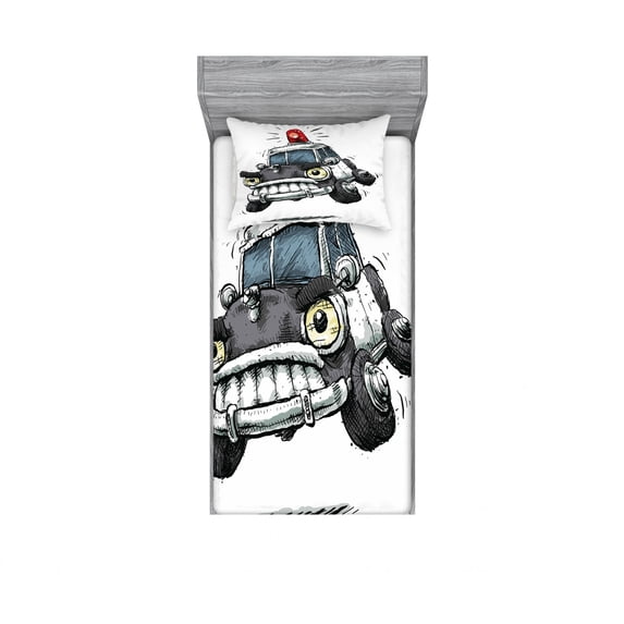 Police Bedding Set with Sheet & Covers, Police Cartoon Car Cab Like Design with Furious Angry Eyes and Red Alarm Print, Printed Bedroom Decor 2 Shams, 4 Sizes, Black and White, by Ambesonne