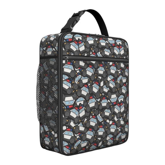 Police and Black Car Black Pattern Insulated Lunch Bag for Men Women,Waterproof Lunch Box for Work,Picnic or Travel,Thermal Insulation,10.63x9.06x3.54 Inches