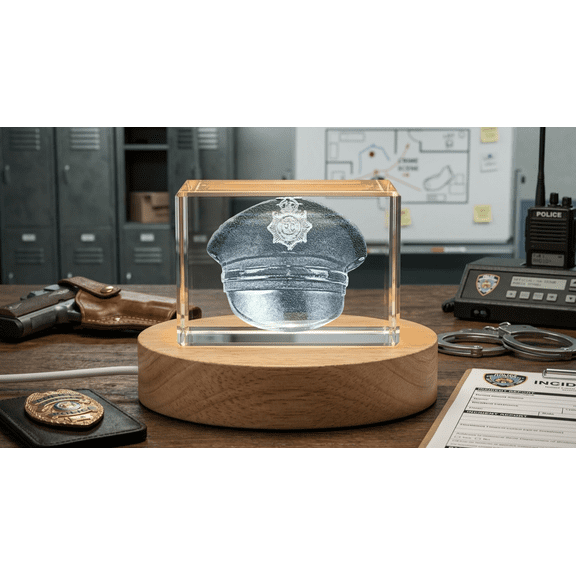 Police Cap Sculpture - Recognition Crystal - Intricate Engraving with LED Base Light