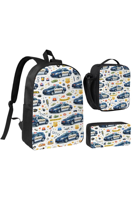 Police Car And Badge Backpack Set 3pc Including Backpack, Lunch Bag and Pen Bag Combination
