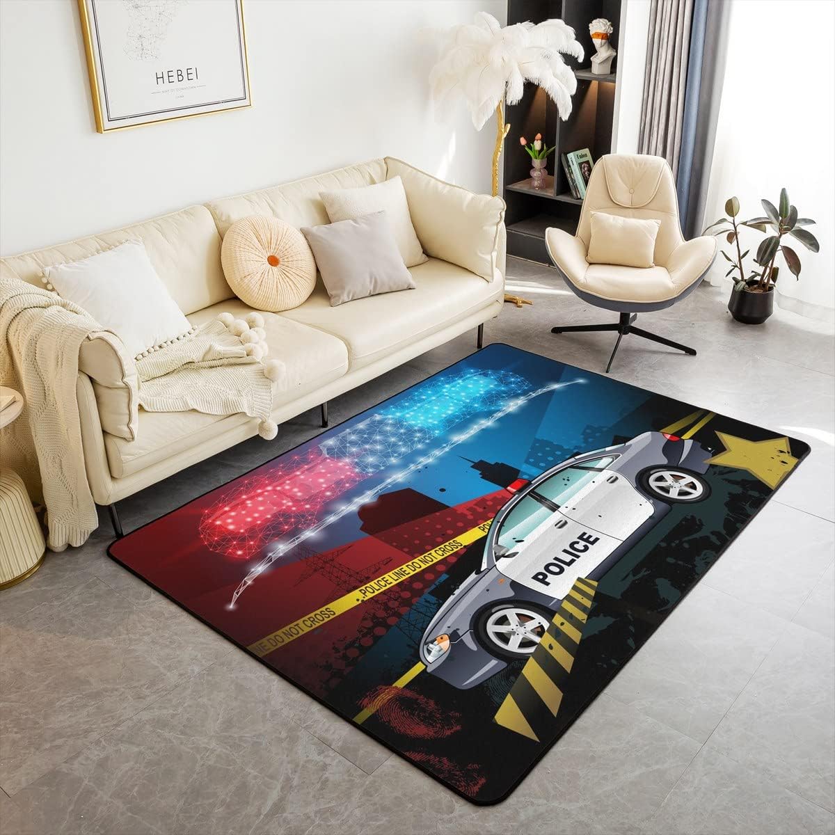 Police Car Area Rug 5x7 Cartoon Police Van Carpet for Teens Boys