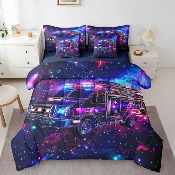 Police Car Bed In A Bag With Sheets,Policeman Vehicle Bedding Set,Red Blue Cop Lights Full Comforter Set 7 Piece Galaxy Starry Sky Bed Set Bedroom Decor