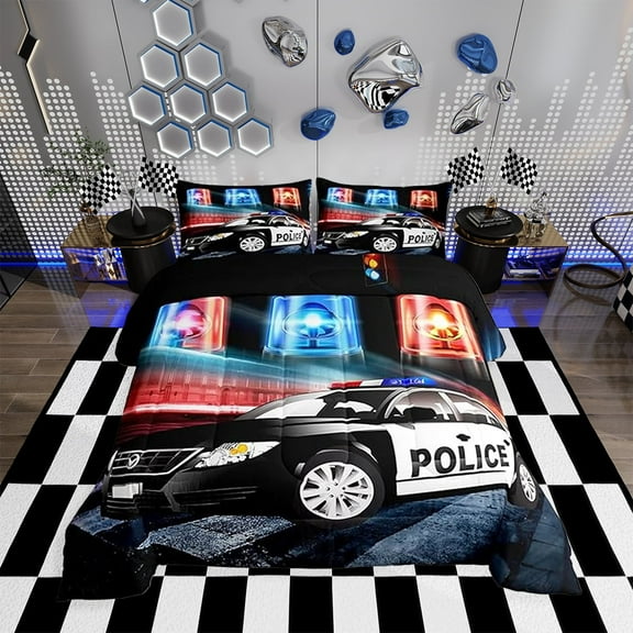 Police Car Bedding Set Policeman Comforter Set for Adults Black The Polica Vehicle Comforter Automobile Car Decor Quilt Set Bedding