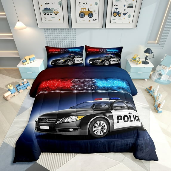 Police Car Comforter Sets King Size,Policeman Vehicle Bedding Set ,Red Blue Cop Lights Down Comforter Geometric Graphics Duvet Sets Bedroom Decor With 2 Pillow Cases