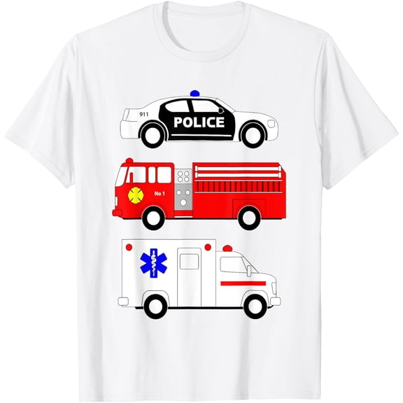Police Car Fire Truck Ambulance First Responders Design T-ShirtMen and women, White T-shirt, size: Extra large