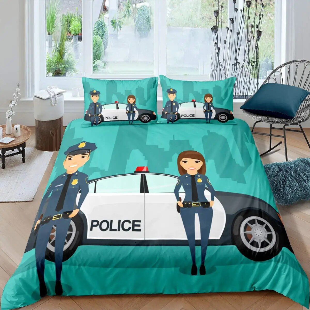 Police Car King Duvet Cover Cartoon Car Bedding Set Kids Boys Blue Grey