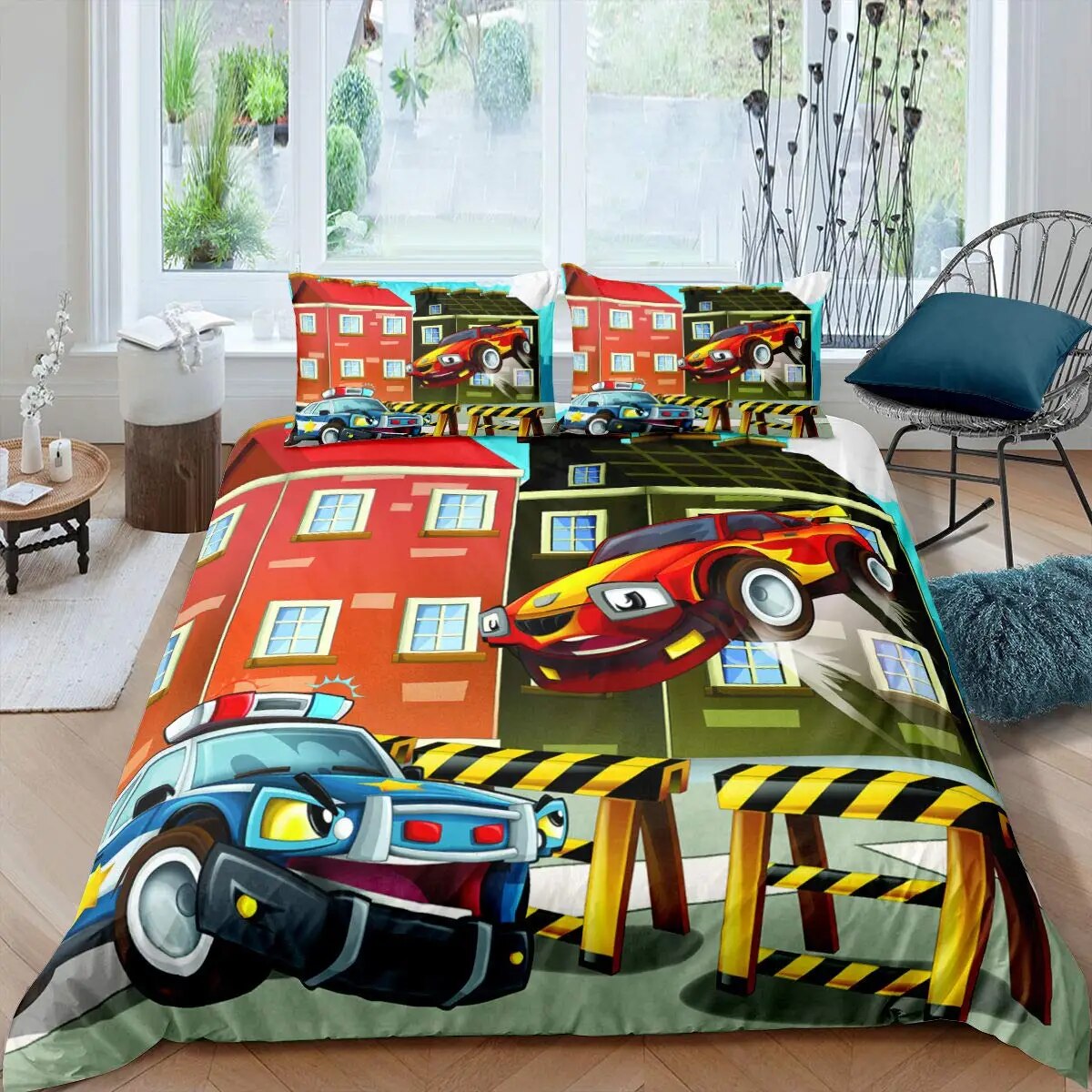 Police Car King Duvet Cover Cartoon Car Bedding Set Kids Boys Blue Grey