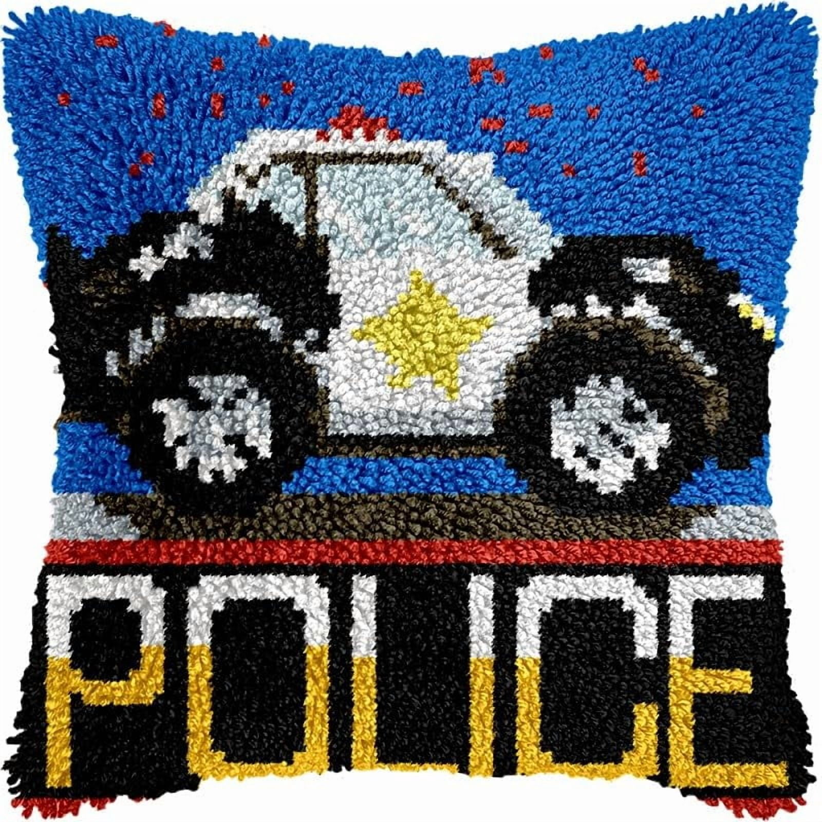 Police Car Latch Hook Pillow Kits Pillow Cover with Pattern Printed Canvas Crochet Cross Hooking Pillowcase Cushion Crafts Embroidery Latch Hooking Crochet Kits 17x17 inch(78)